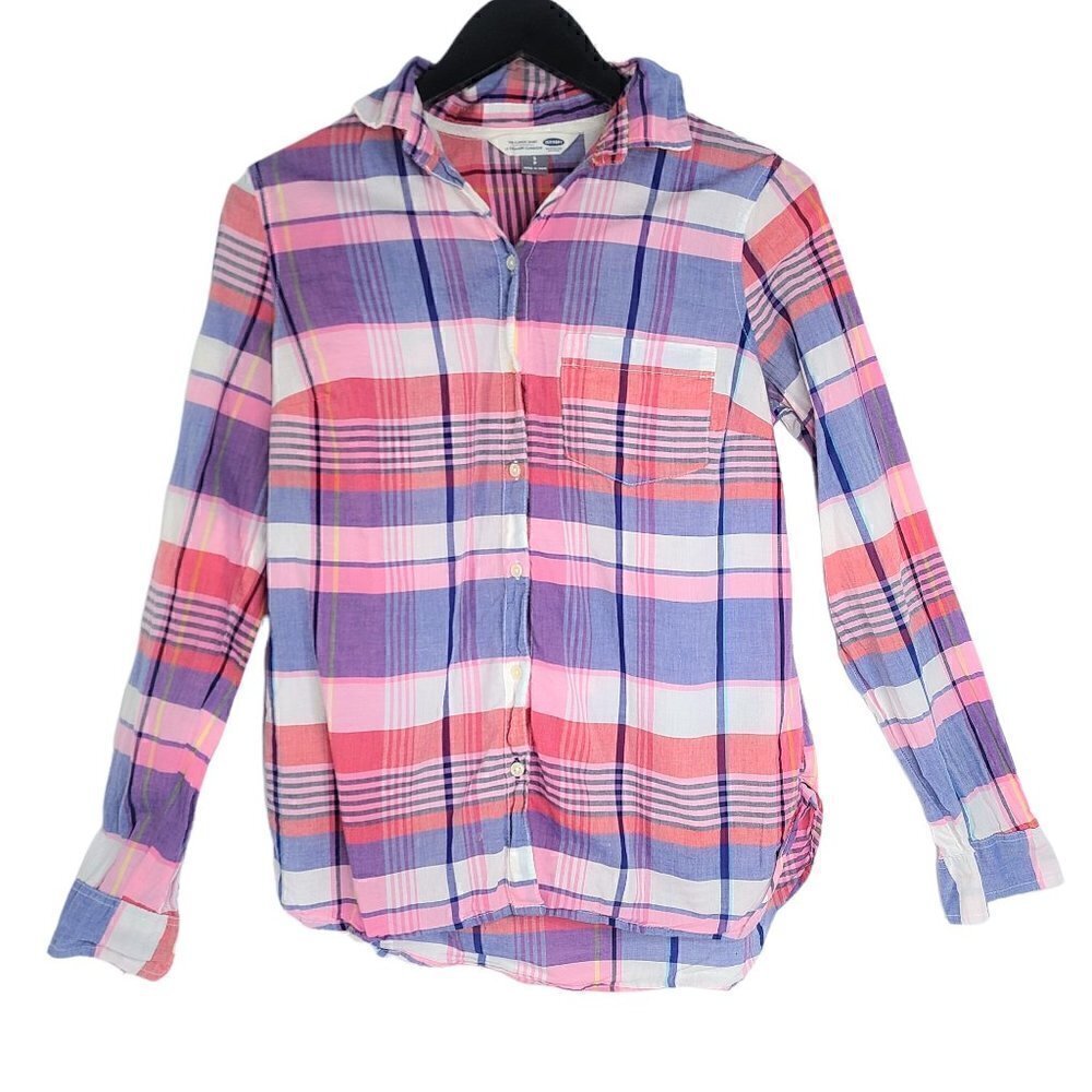 Old Navy The Classic Shirt Pink Blue Plaid Long Sleeve Button Up
